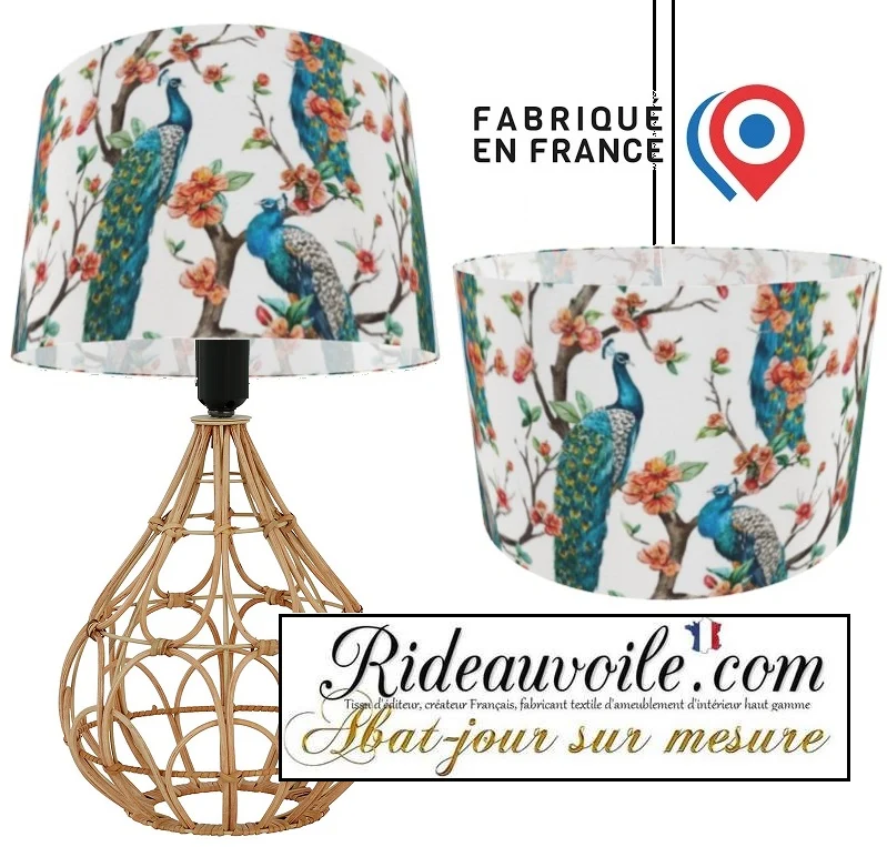 Luminaire spécialiste luxe abat-jour sur mesure tissu motif feuilles Fleurs paons bleu