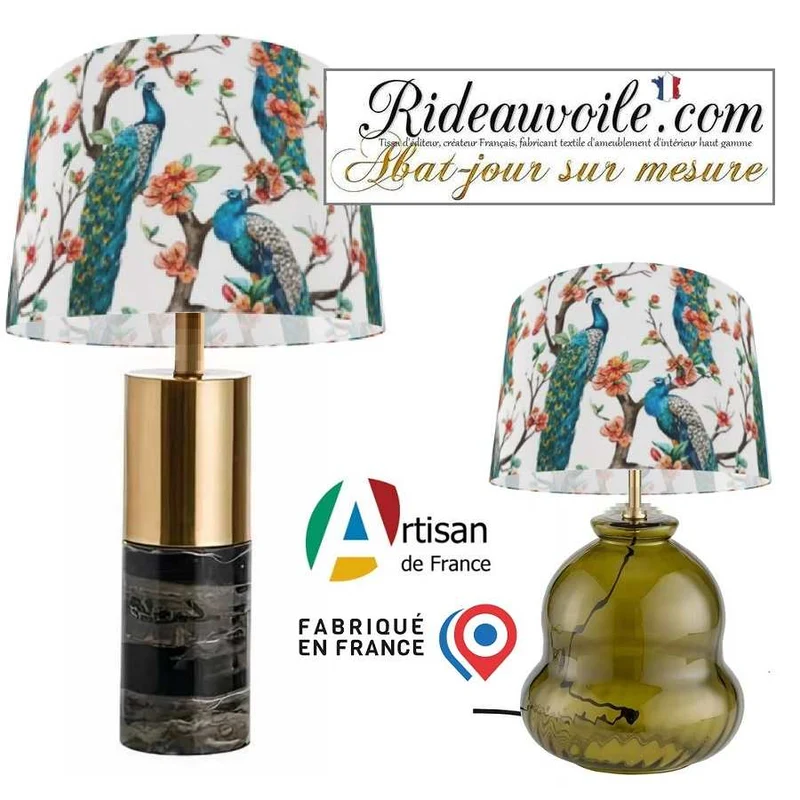 Luminaire spécialiste luxe abat-jour sur mesure tissu motif feuilles Fleurs paons bleu
