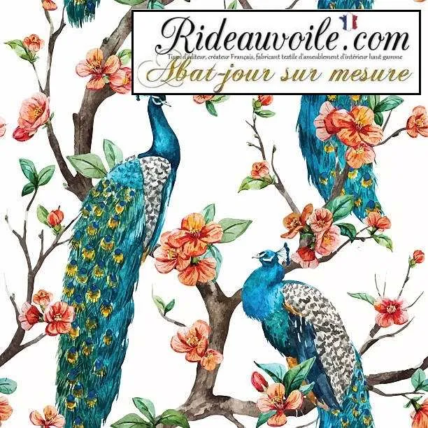 Luminaire spécialiste luxe abat-jour sur mesure tissu motif feuilles Fleurs paons bleu