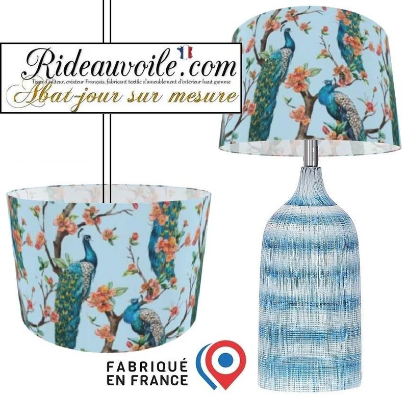 Tissu d'intérieur imprimé motif feuilles Fleurs paons bleu boutique abat-jour sur mesure