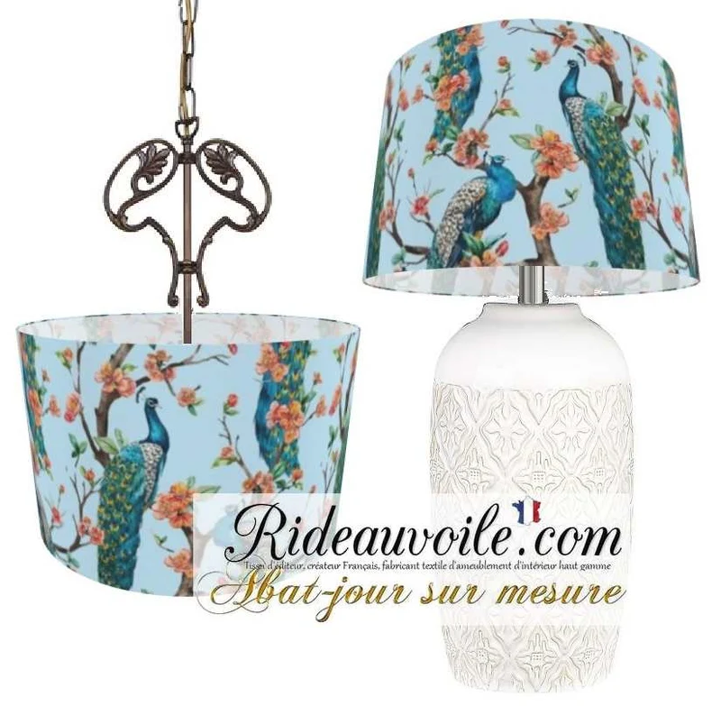 Tissu d'intérieur imprimé motif feuilles Fleurs paons bleu boutique abat-jour sur mesure