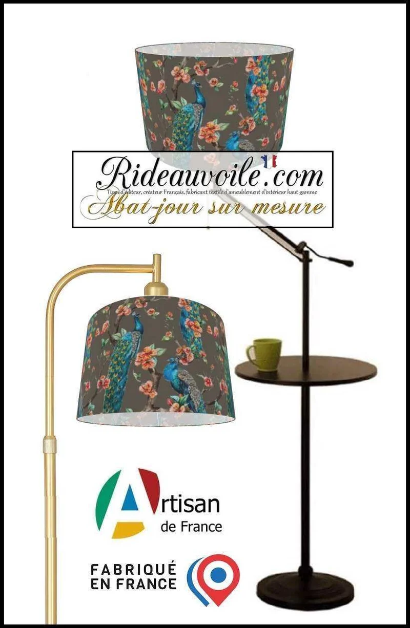 Luminaire boutique abat-jour sur mesure tissu taupe motif feuilles Fleurs paons bleu