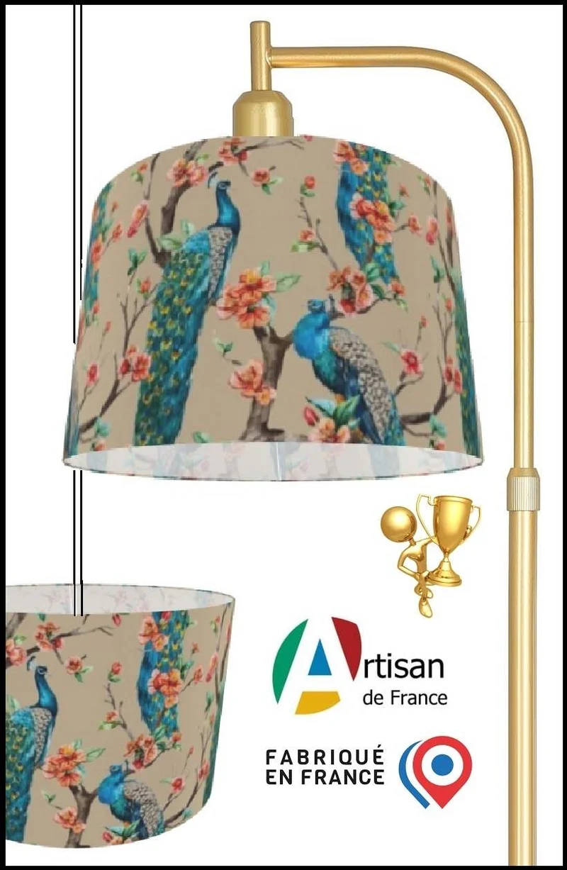 Luminaire designer abat-jour sur mesure tissu beige motif feuilles Fleurs paons bleu