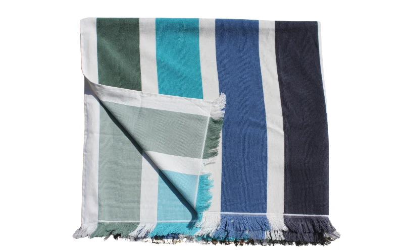 FOUTA BICOLORE RAYÉE - bleu et beige