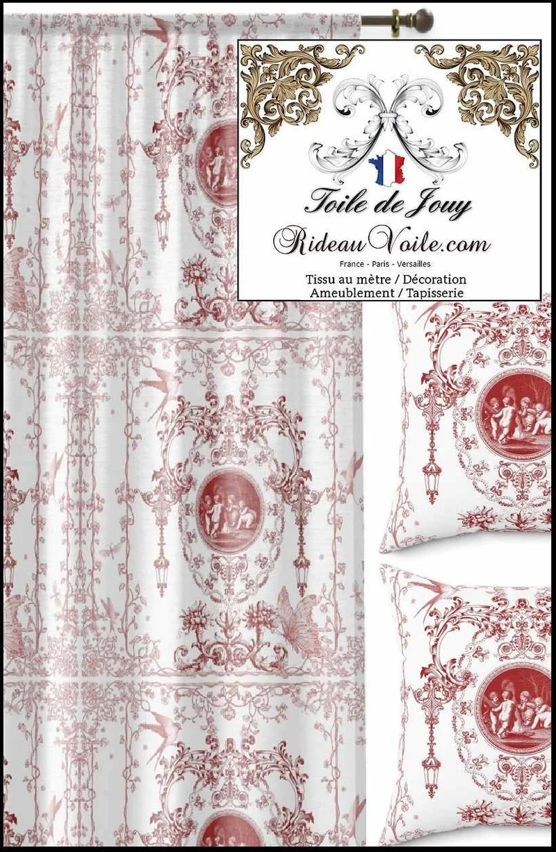 Toile de Jouy tissu rouge Architecte intérieur décoration sur mesure rideau voilage