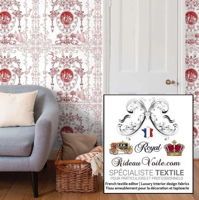 Toile de Jouy tissu rouge Architecte intérieur décoration sur mesure rideau voilage