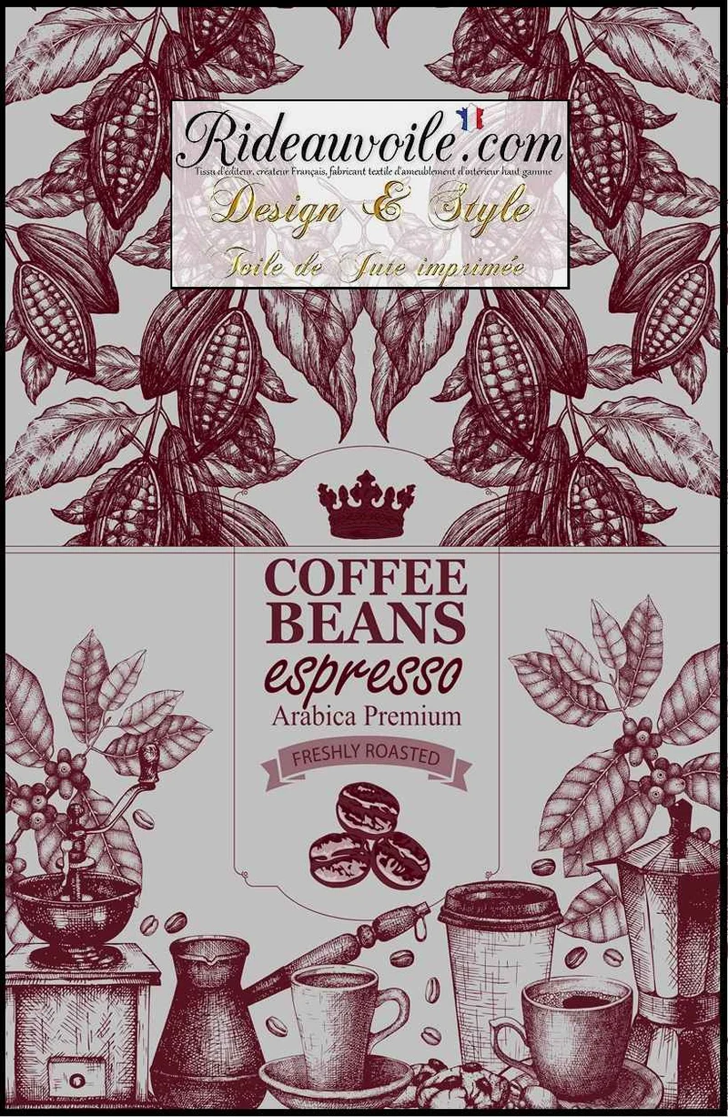 Tissu ameublement motif rouge design Toile lin Jute Arabica café expresso au mètre