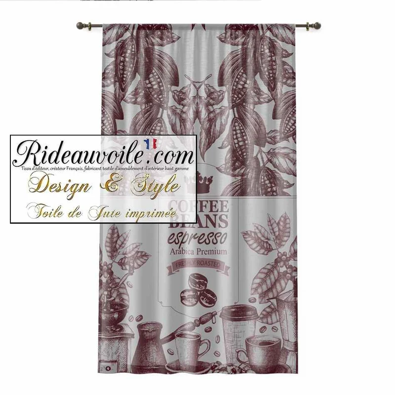 Tissu ameublement motif rouge design Toile lin Jute Arabica café expresso au mètre
