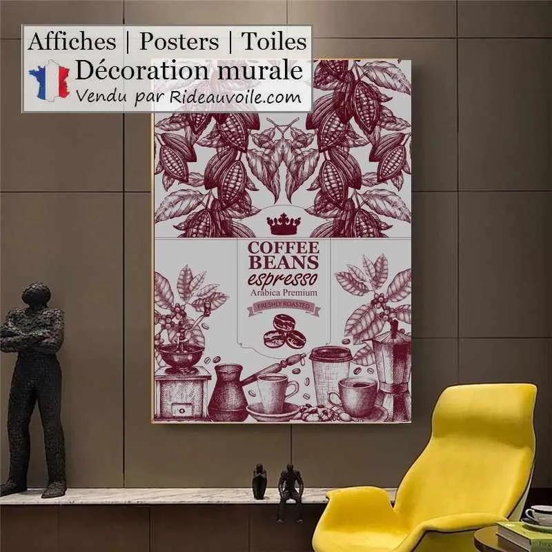Tissu ameublement motif rouge design Toile lin Jute Arabica café expresso au mètre