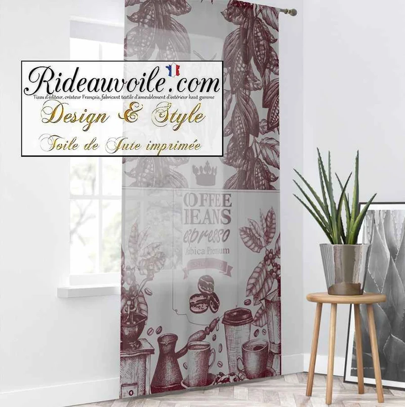 Tissu ameublement motif rouge design Toile lin Jute Arabica café expresso au mètre