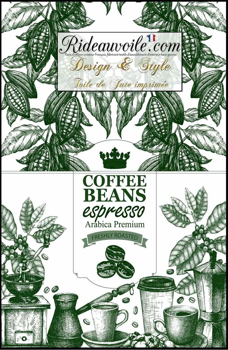Tissu ameublement imprimé vert effet sac Toile Jute café express occultant ignifuge