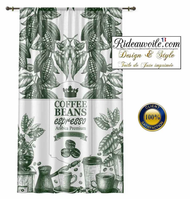 Tissu ameublement imprimé vert effet sac Toile Jute café express occultant ignifuge
