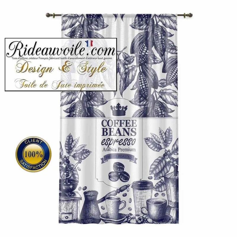 Tissu ameublement effet sac Toile Jute bleu imprimé café express occultant ignifuge