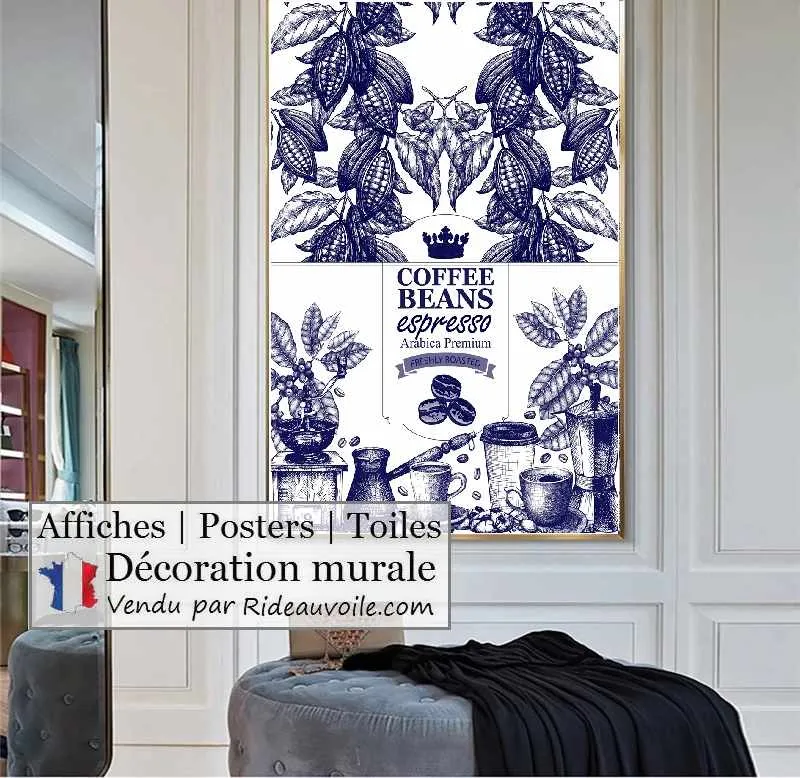 Tissu ameublement effet sac Toile Jute bleu imprimé café express occultant ignifuge