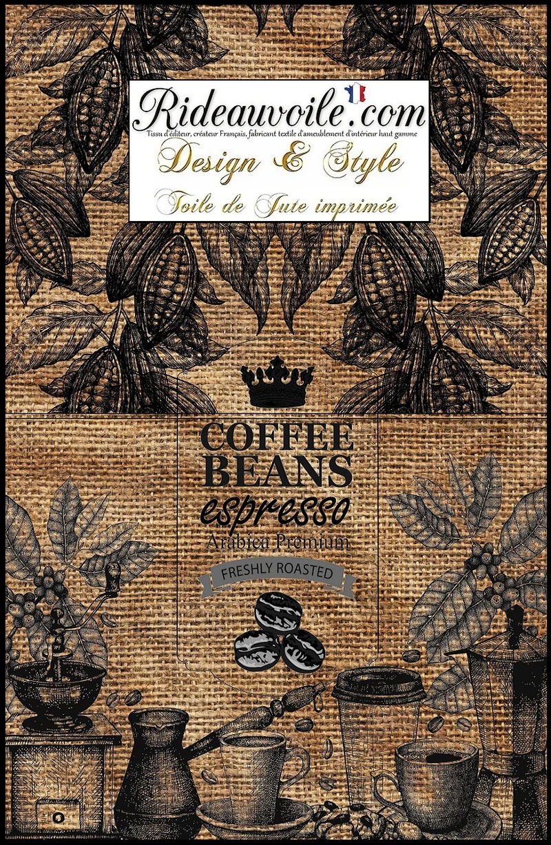 Fabrics burlap sack upholstery Coffee | Imprimé Fond sac de Toile Jute imprimé café