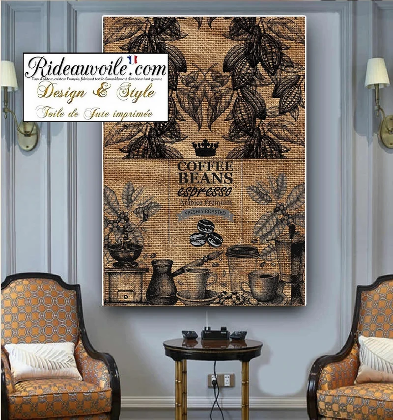 Fabrics burlap sack upholstery Coffee | Imprimé Fond sac de Toile Jute imprimé café