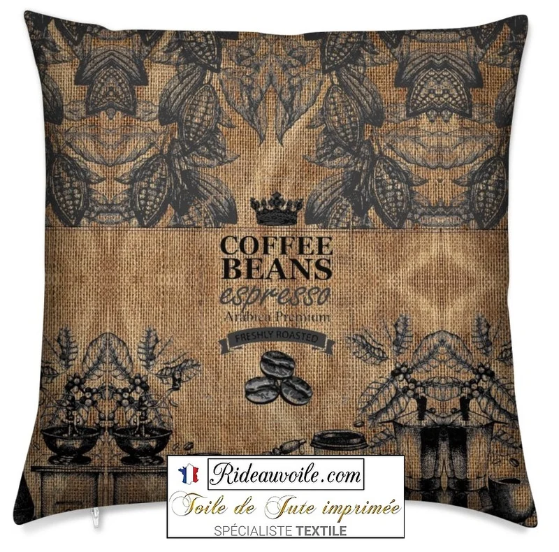 Fabrics burlap sack upholstery Coffee | Imprimé Fond sac de Toile Jute imprimé café