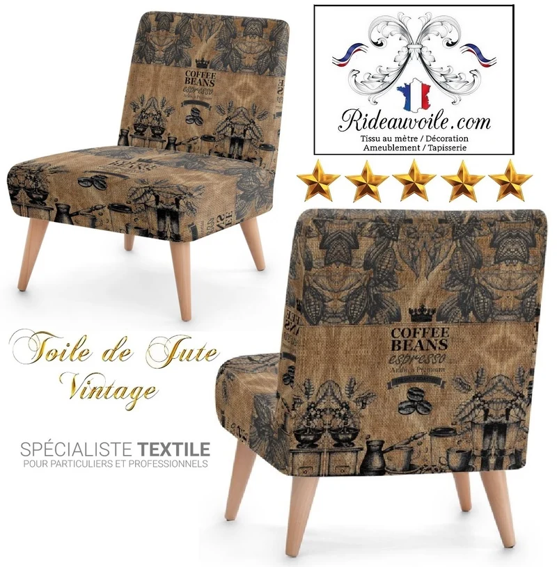 Fabrics burlap sack upholstery Coffee | Imprimé Fond sac de Toile Jute imprimé café