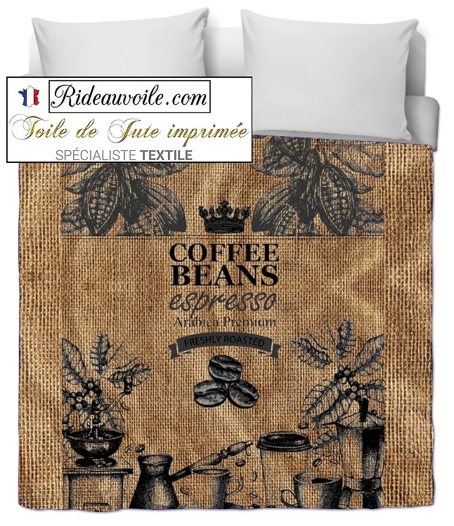 Fabrics burlap sack upholstery Coffee | Imprimé Fond sac de Toile Jute imprimé café
