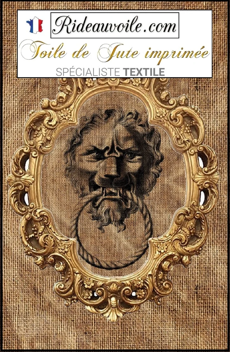 Interior fabrics burlap sack upholstery | Fond Toile de Jute imprimé Baroque Lion