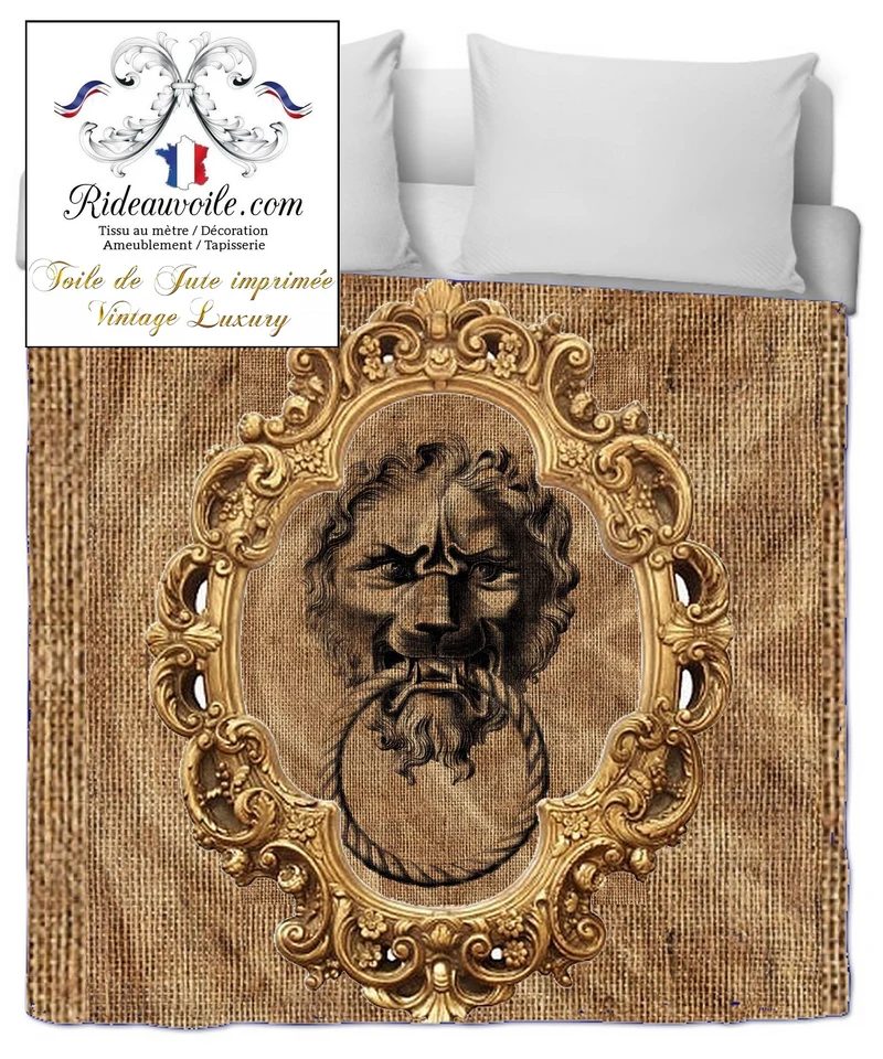 Interior fabrics burlap sack upholstery | Fond Toile de Jute imprimé Baroque Lion