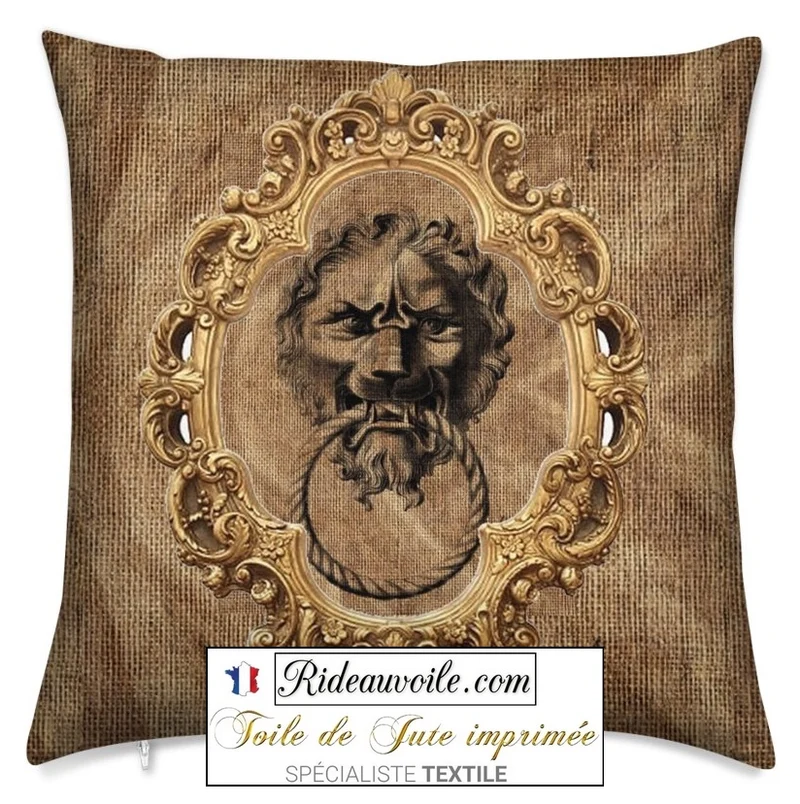 Interior fabrics burlap sack upholstery | Fond Toile de Jute imprimé Baroque Lion