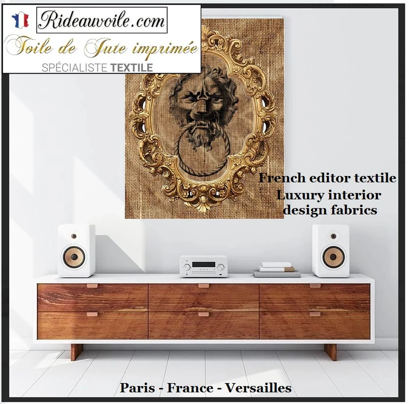Interior fabrics burlap sack upholstery | Fond Toile de Jute imprimé Baroque Lion
