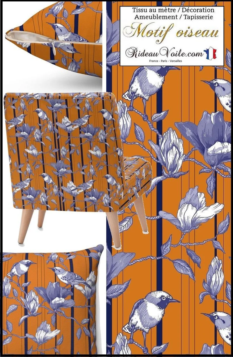 Tissu éditeurs ameublement mètre motif oiseaux lignes rayures bleu orange rideau voilage