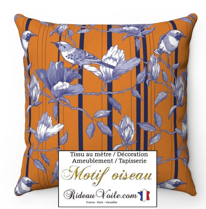 Tissu éditeurs ameublement mètre motif oiseaux lignes rayures bleu orange rideau voilage