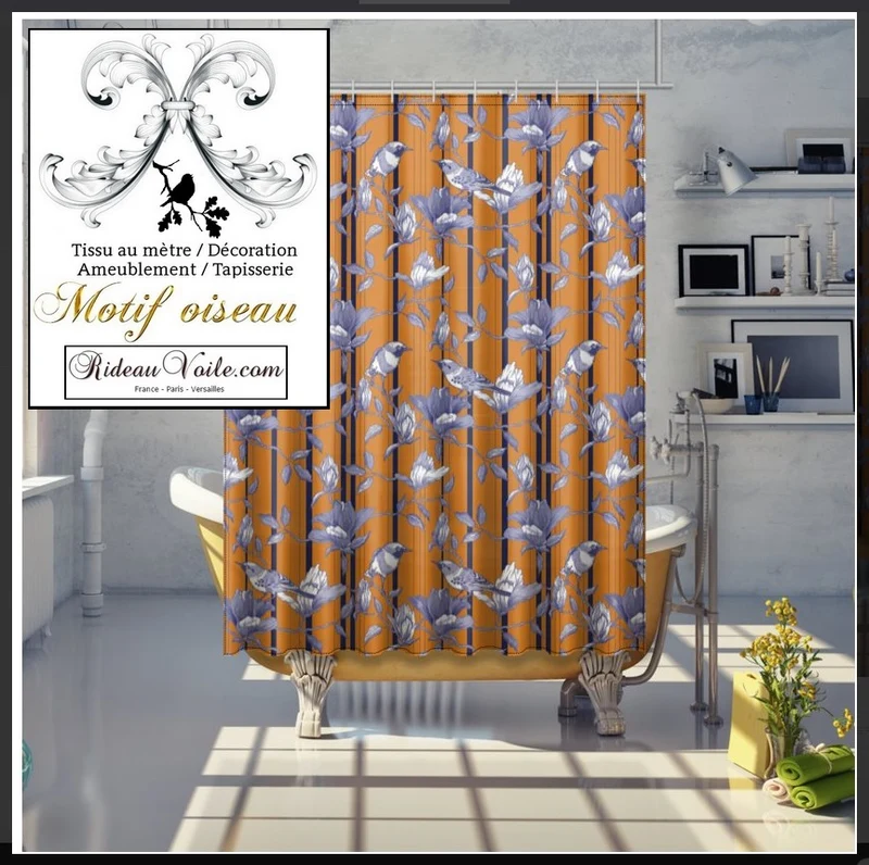 Tissu éditeurs ameublement mètre motif oiseaux lignes rayures bleu orange rideau voilage