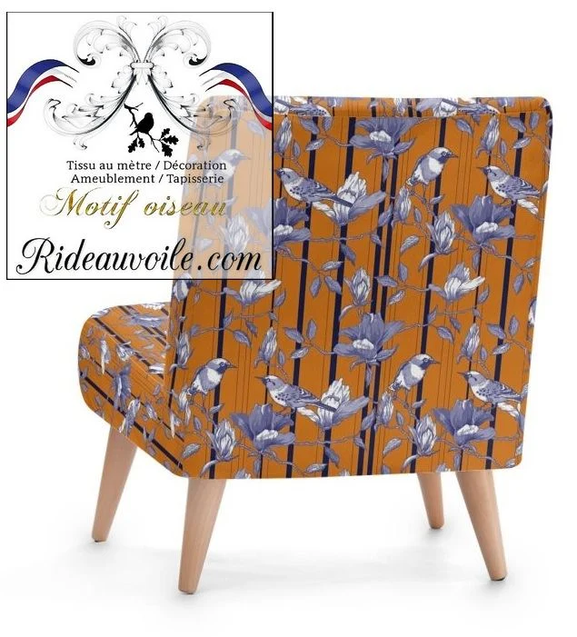 Tissu éditeurs ameublement mètre motif oiseaux lignes rayures bleu orange rideau voilage
