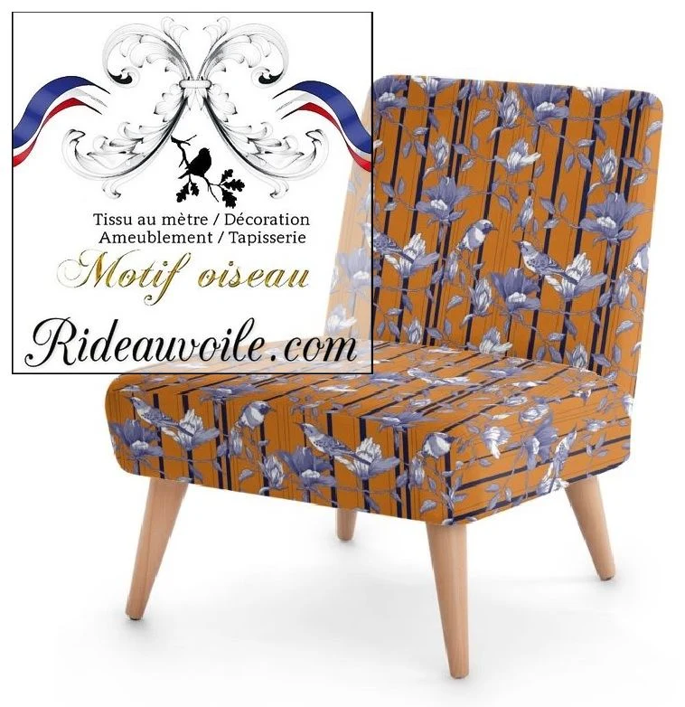 Tissu éditeurs ameublement mètre motif oiseaux lignes rayures bleu orange rideau voilage