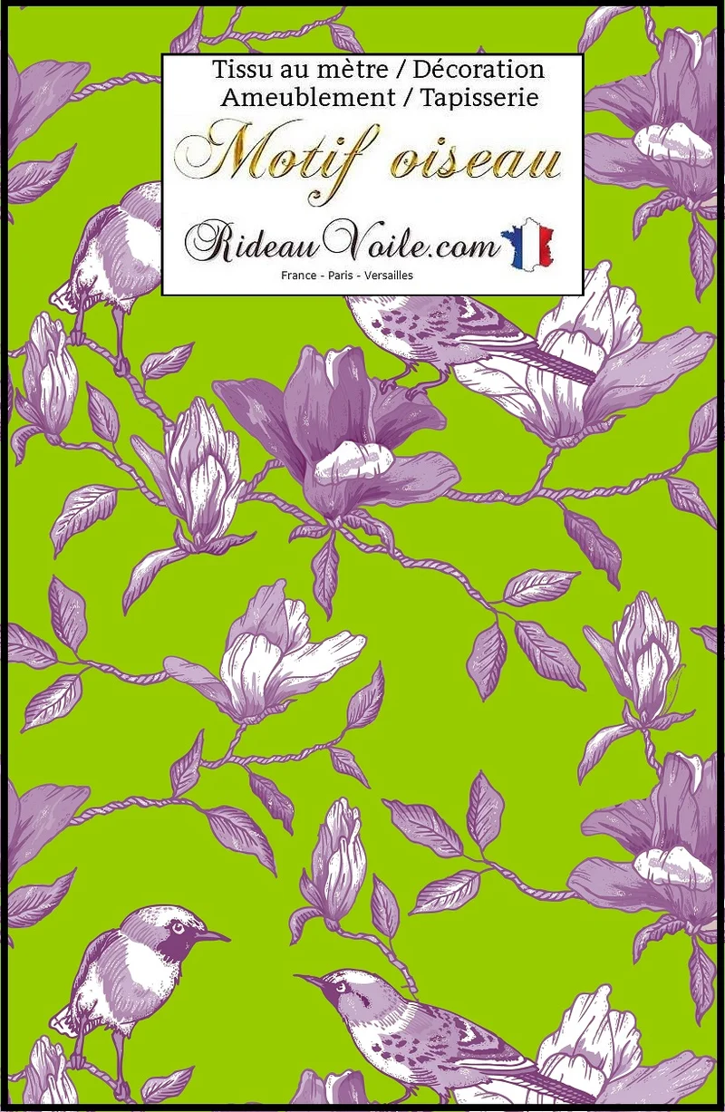 Éditeur tissu ameublement motif oiseaux vert violet mètre rideau voilage