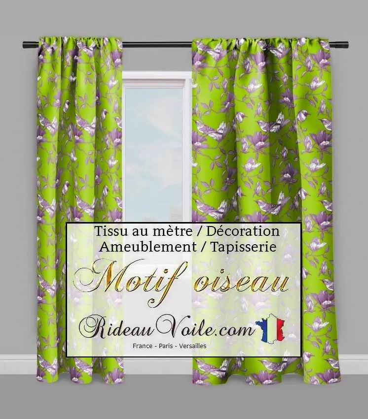 Éditeur tissu ameublement motif oiseaux vert violet mètre rideau voilage