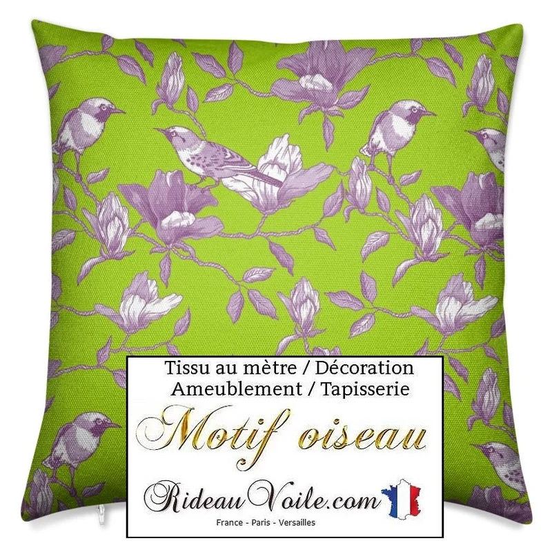 Éditeur tissu ameublement motif oiseaux vert violet mètre rideau voilage