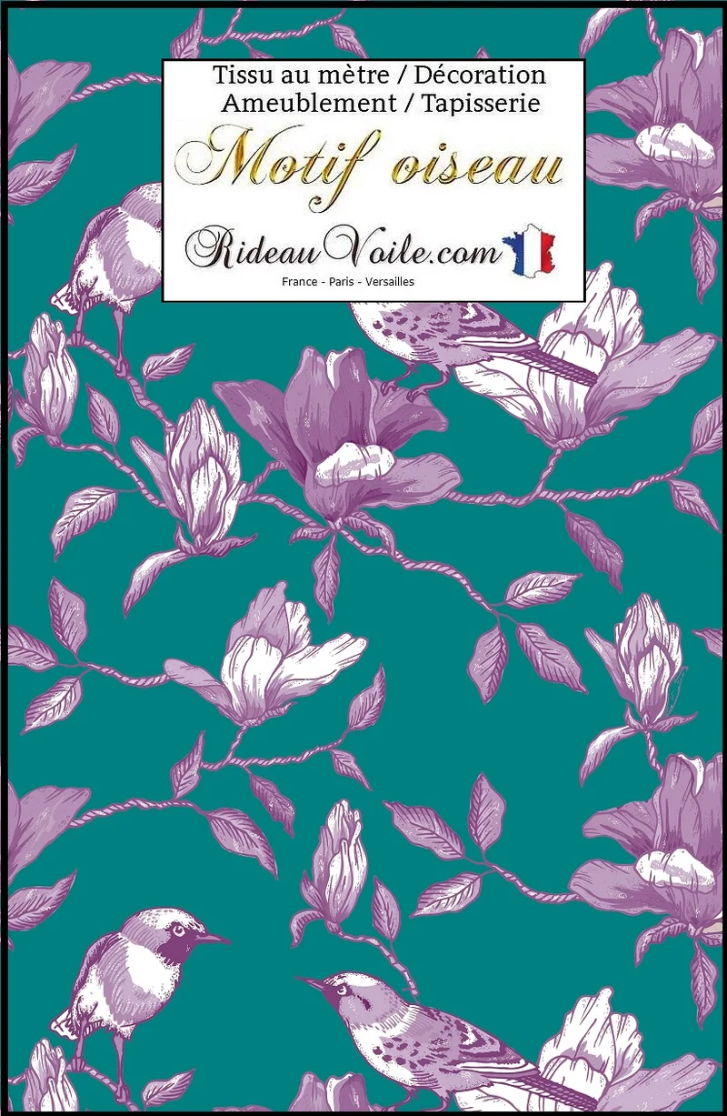Tissu bleu vert lilas violet motif Toile de Jouy oiseaux mètre rideau