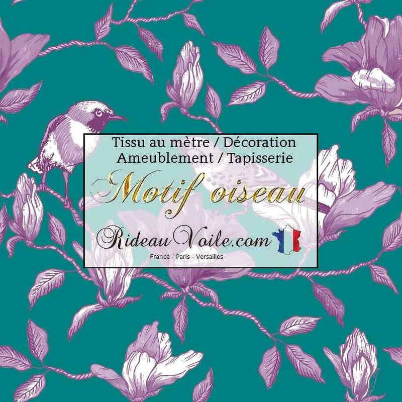Tissu bleu vert lilas violet motif Toile de Jouy oiseaux mètre rideau
