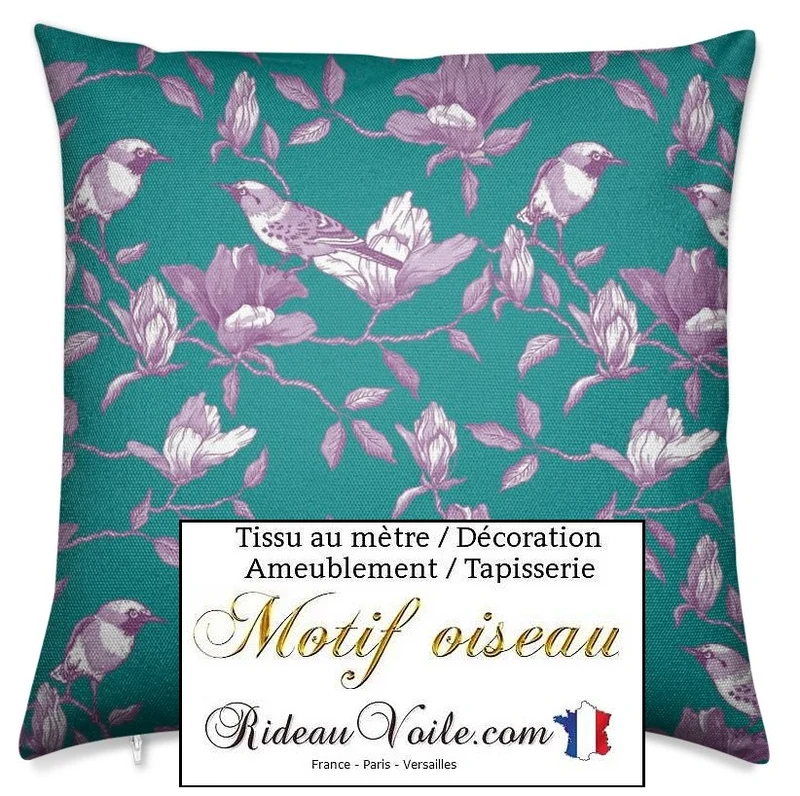 Tissu bleu vert lilas violet motif Toile de Jouy oiseaux mètre rideau