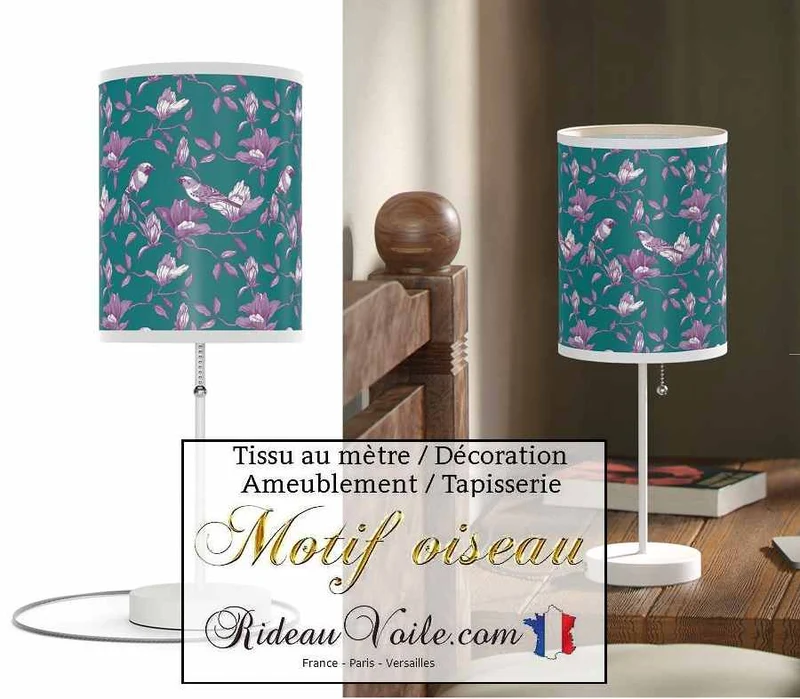 Tissu bleu vert lilas violet motif Toile de Jouy oiseaux mètre rideau