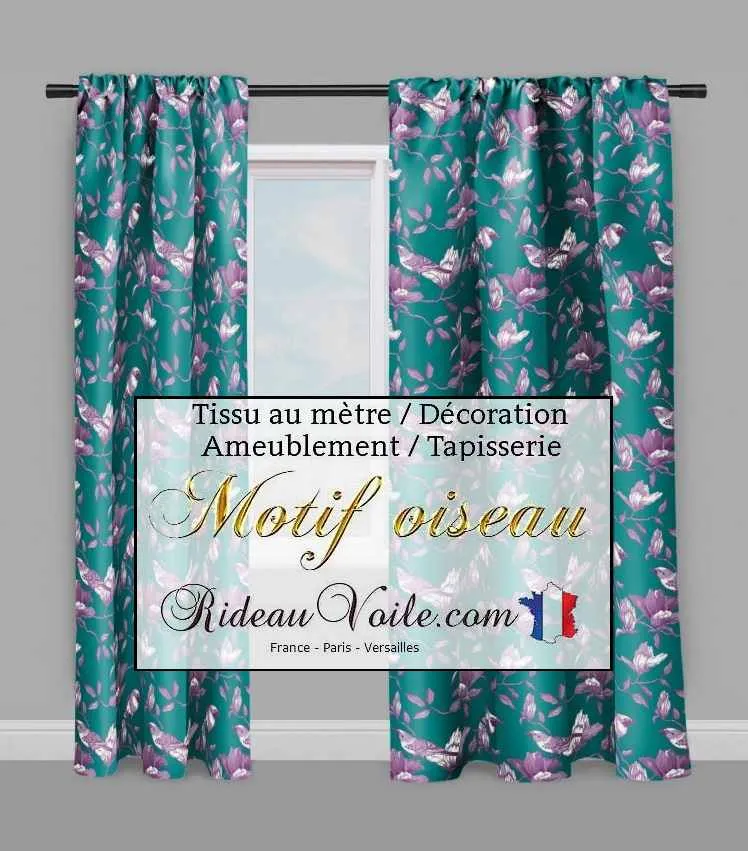 Tissu bleu vert lilas violet motif Toile de Jouy oiseaux mètre rideau