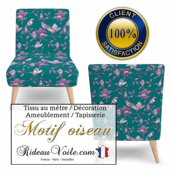 Tissu bleu vert lilas violet motif Toile de Jouy oiseaux mètre rideau