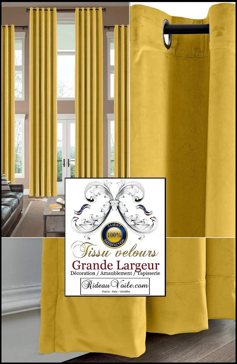 Tissu velours jaune moutarde grande largeur mètre ameublement rideau siège store