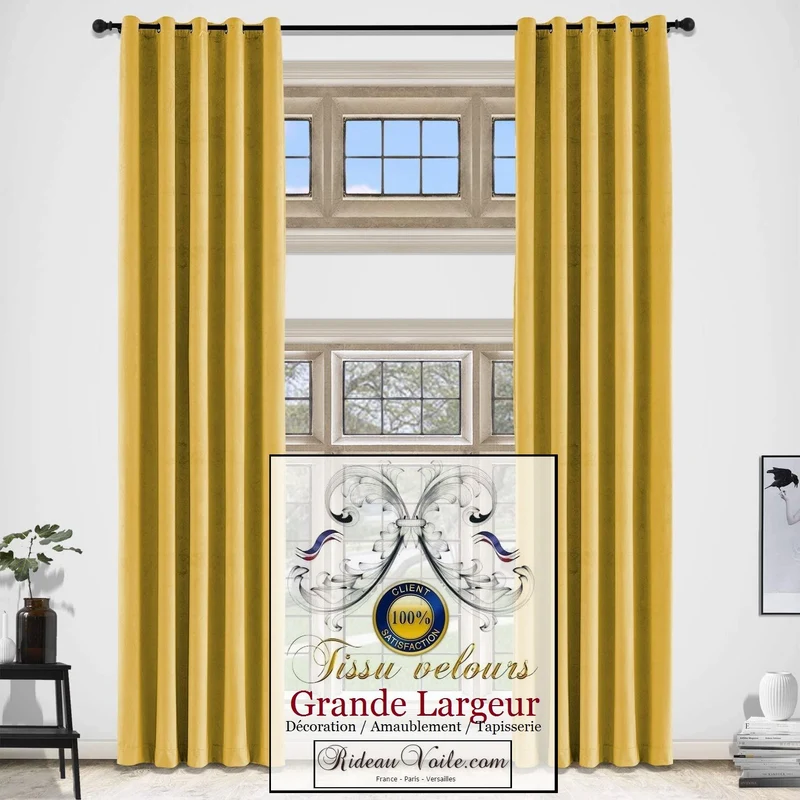Tissu velours jaune moutarde grande largeur mètre ameublement rideau siège store
