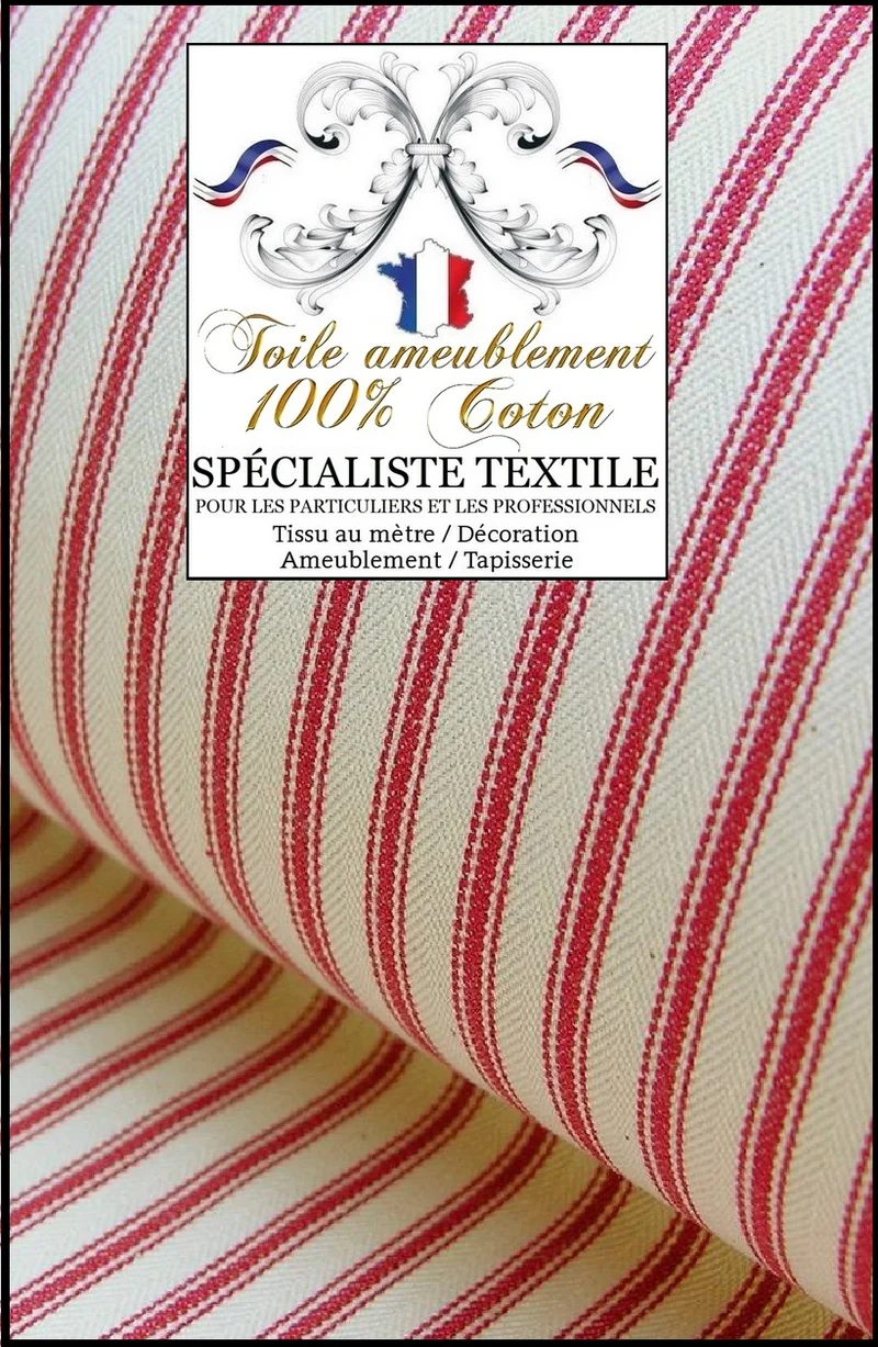 Rayé rouge cerise coton Toile ameublement coutil bisonnes mètre confection rideau
