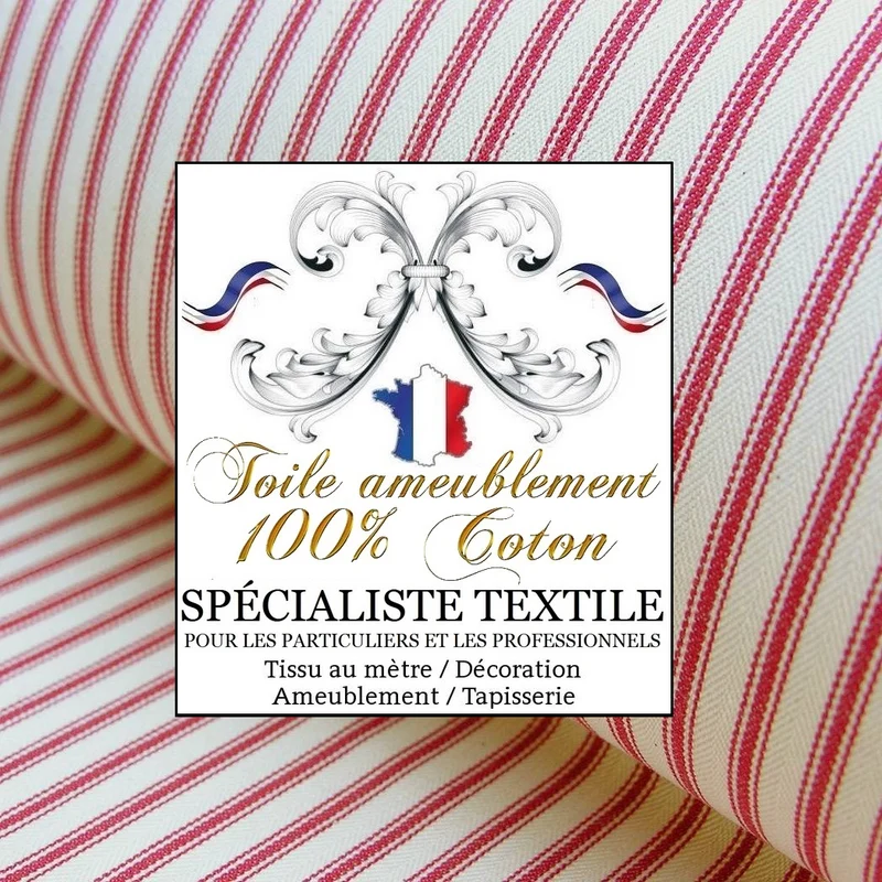 Rayé rouge cerise coton Toile ameublement coutil bisonnes mètre confection rideau