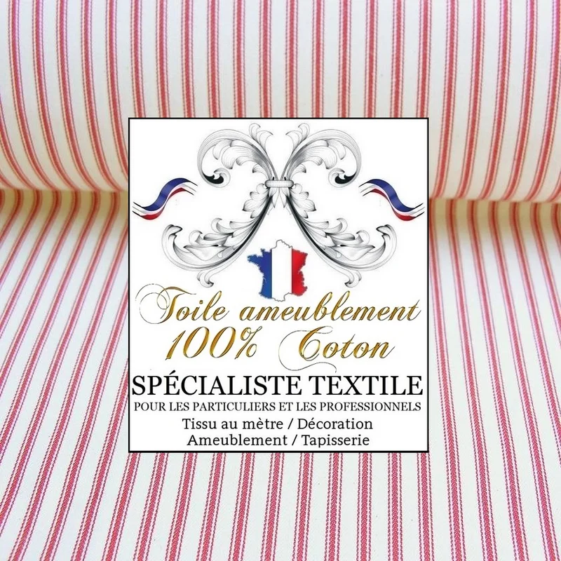 Rayé rouge cerise coton Toile ameublement coutil bisonnes mètre confection rideau
