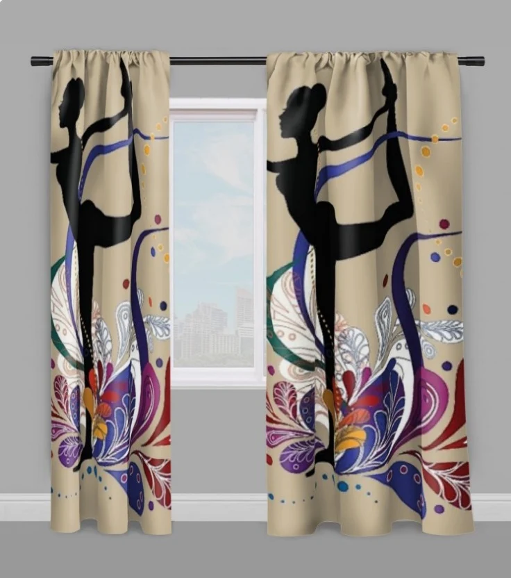 Tissu au mètre beige motif Danseuse étoile silhouette yoga dandayamana