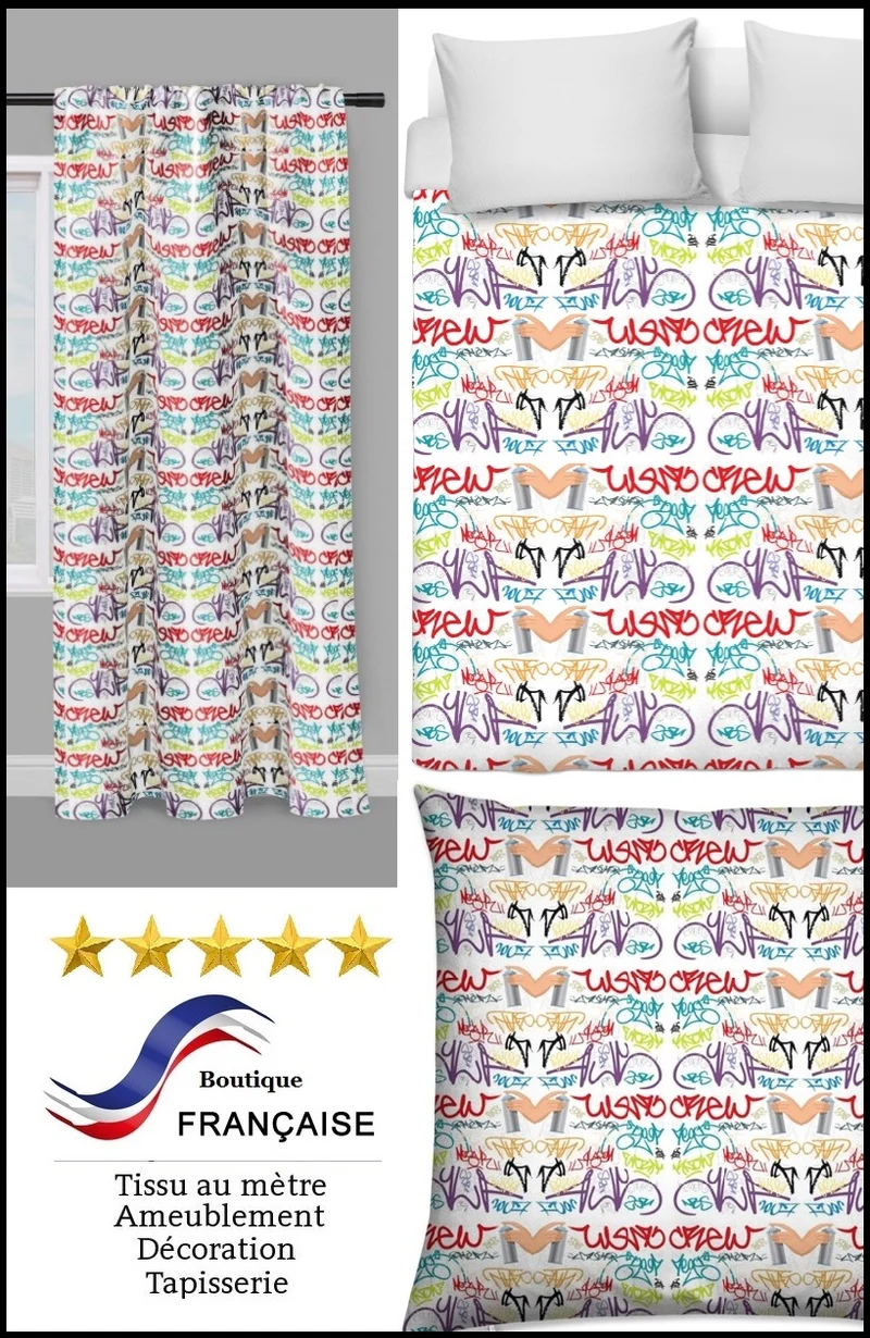 Tissu au mètre motif tag Graffiti bombe couleur rideau coussin couette