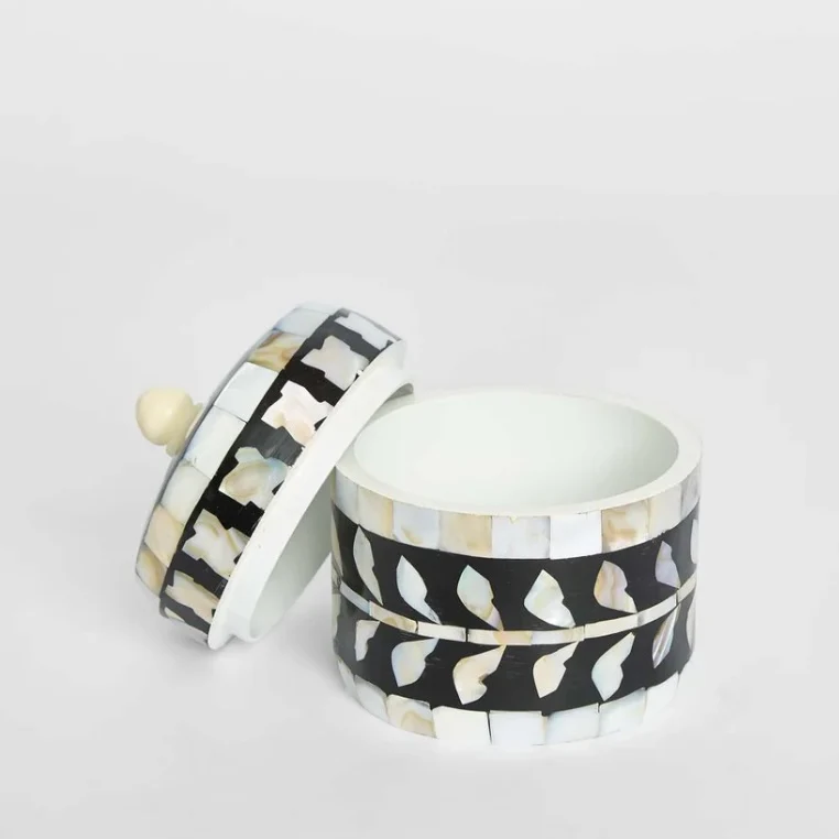 Black Trinket Box Round - Bone Inlay