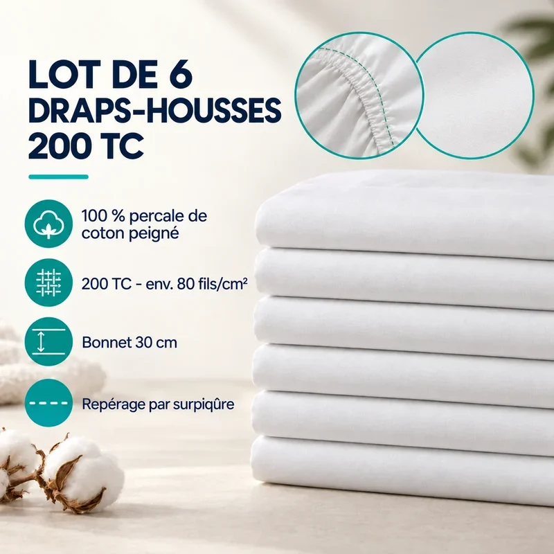 Lot de 6 draps-housses hôtel en percale de coton 200 TC